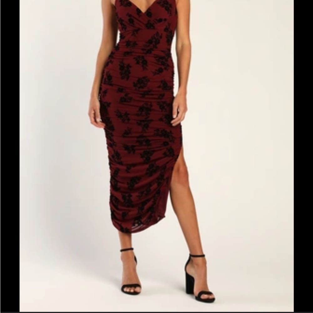 Lulu's Red and Black Bodycon Midi Dress with Slit - this is a deep wine color